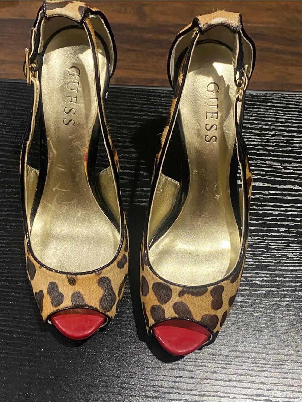 GUESS Leopard Print Peep-Toe Slingback Heels with Red Toe